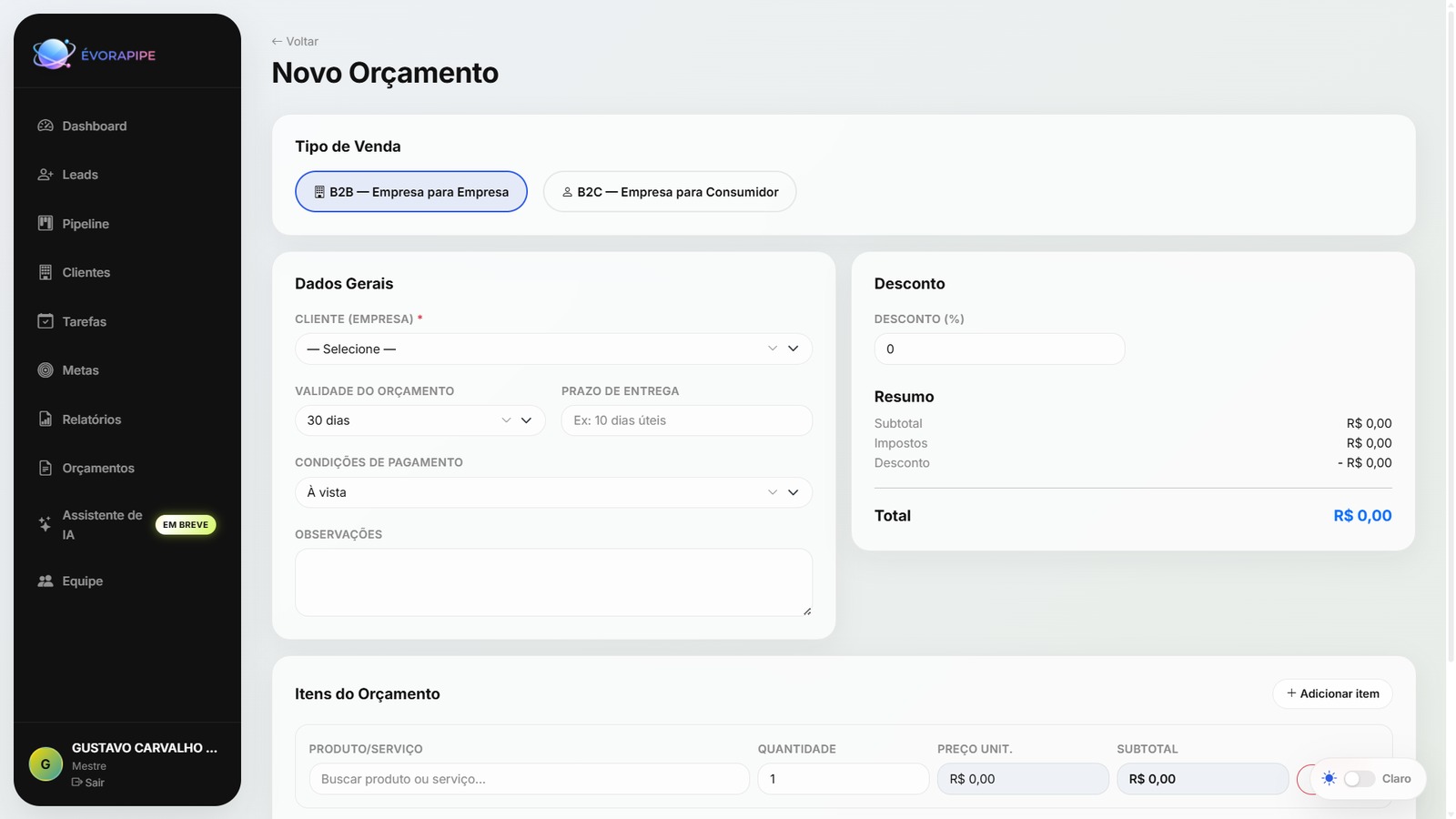Tela de gestão de leads do Évora Pipe com filtros e classificação
